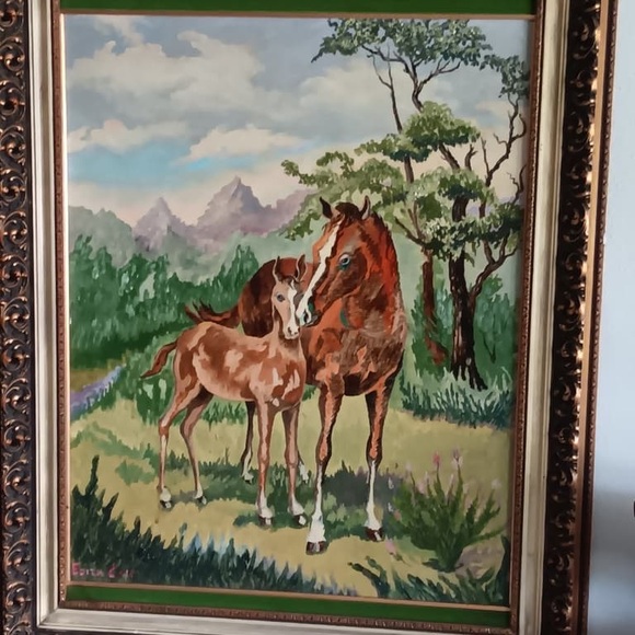 Meet the Posher Other - Mid-century mother and fawn horse oil painting